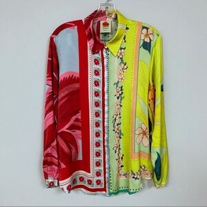 FARM Rio Multicolor Floral Patchwork Button-Down Blouse in Red, Yellow & Green
